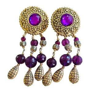 VTG Runway Chunky Gold Purple Statement Earrings Acrylic Dangle Clip 80s 4"L